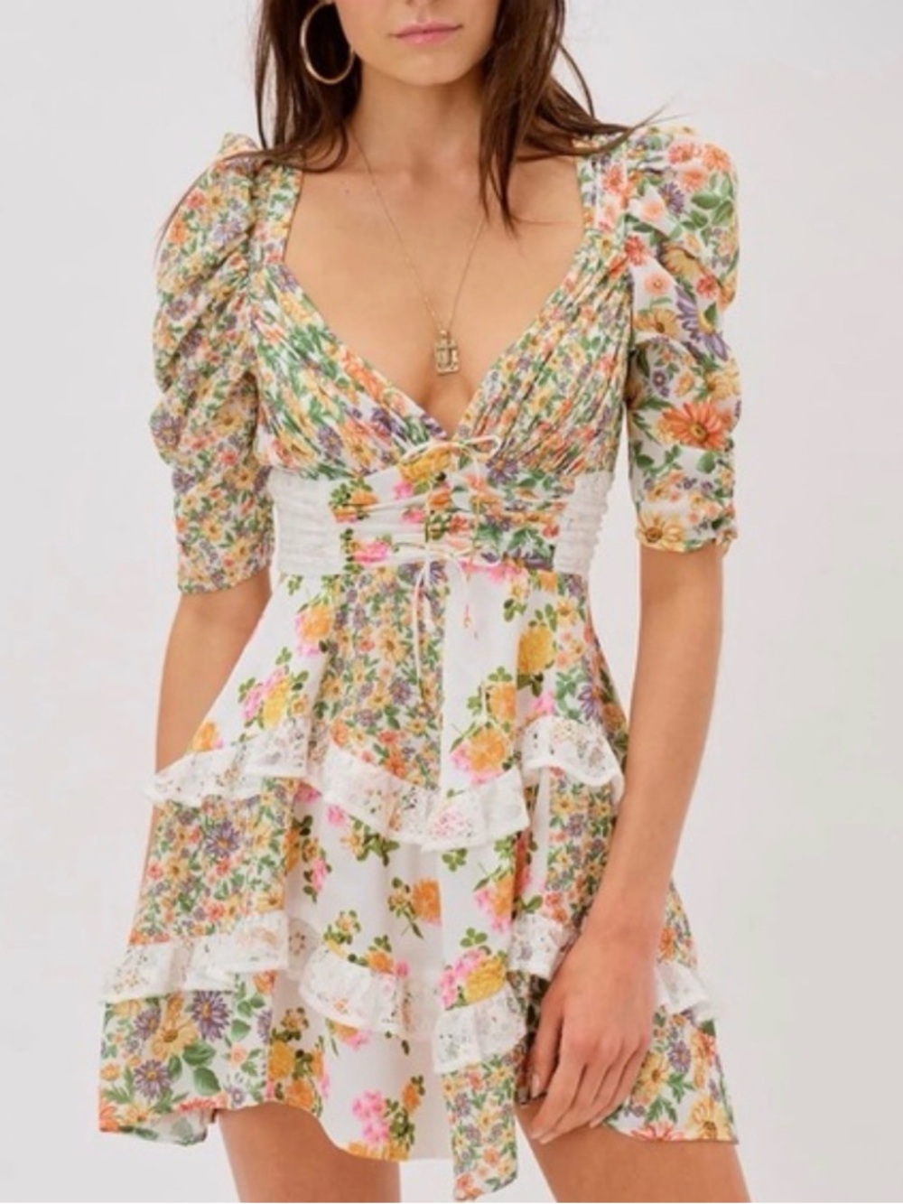 Jardin Vue Floral Puff-Sleeve Mini Dress in Multi
